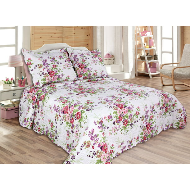 Details about   Floral Quilted Bedspread & Pillow Shams Set Lilac Flowers Blossoms Print 